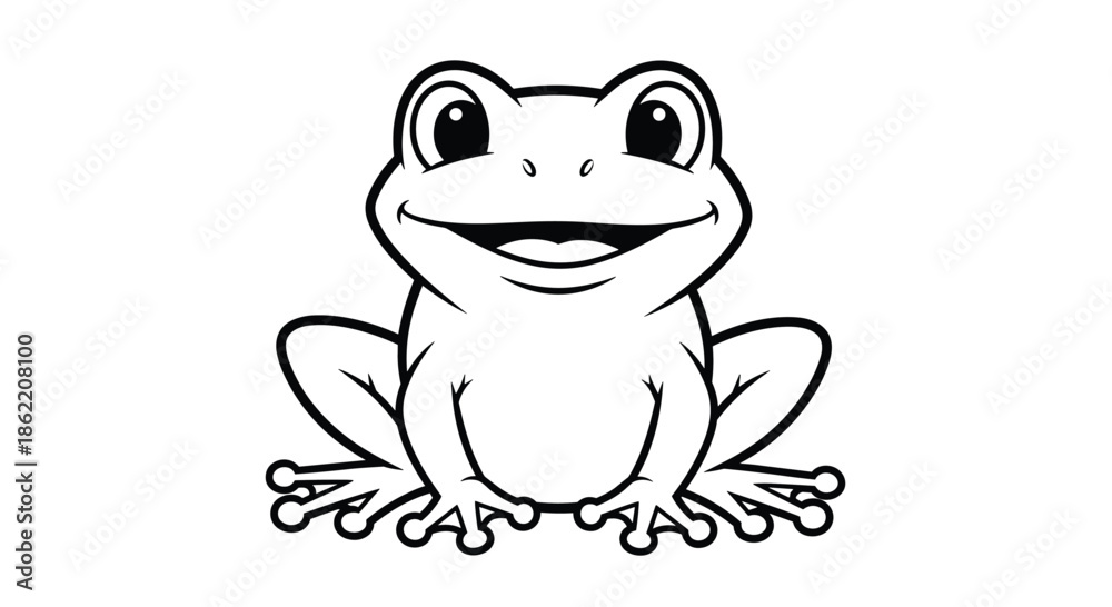 Fototapeta premium Detailed black and white line art coloring page of a friendly frog sitting and looking forward with a wide happy smile.