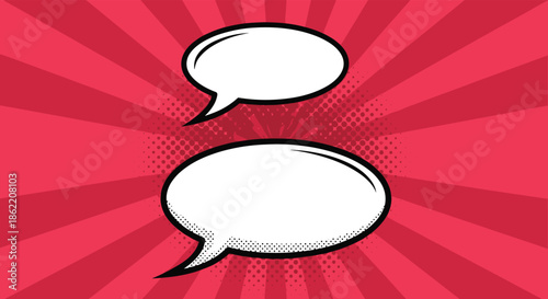 Two classic pop art speech bubbles with halftone texture for a conversation on a dynamic red retro sunburst background.