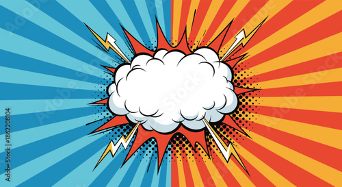 Epic comic book explosion with lightning bolts on a split blue and orange background for a versus battle or confrontation.