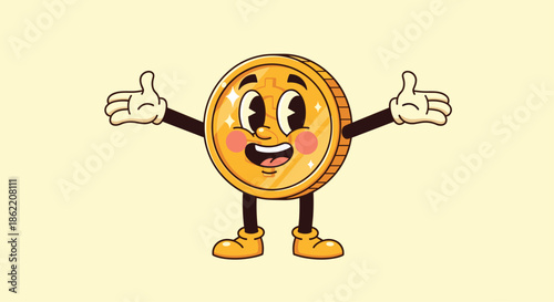Golden coin character in a vintage rubber hose animation style with wide arms and a big happy smile on beige background.