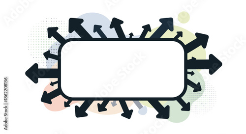 Abstract concept of distribution with a blank central frame and multiple arrows pointing outwards for growth or expansion.