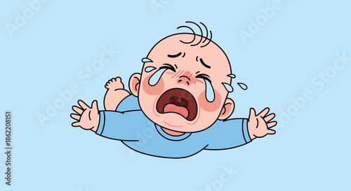 Heartbreaking illustration of a baby in a blue shirt lying down and crying loudly with tears streaming down its face.