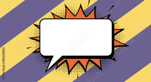 Pop art speech bubble for an impactful announcement inside an explosion shape on a purple and yellow striped background.