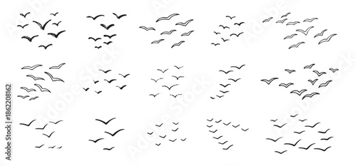 Birds flying line in the sky set. Ink grunge flock of birds afar brush hand drawn. markers and crayons