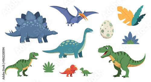 Diverse collection of colorful dinosaurs including t-rex, stegosaurus, pterodactyl, and a long-neck dinosaur on white.