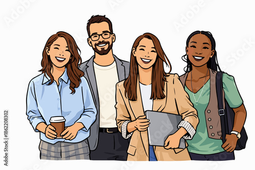 Happy crew gathering on a city trip and taking a souvenir photo.