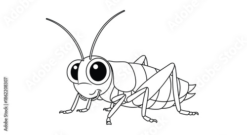 Simple black and white line art coloring page of a friendly grasshopper character with big eyes and a happy smile.