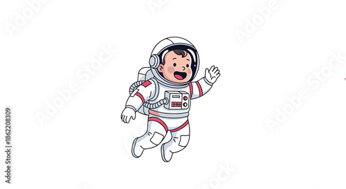 Cute baby character wearing a detailed white astronaut spacesuit and floating in zero gravity against a white backdrop.