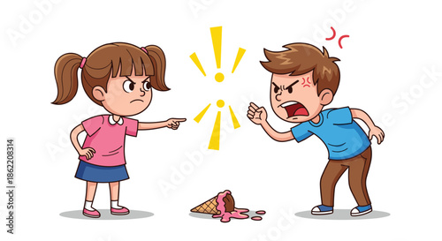 Angry boy and girl arguing and pointing fingers at each other over a dropped ice cream cone on the ground with icons.