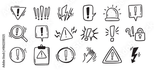 Warnings related hand drawn doodle simple icons set. Vector line drawing warnings related icons.