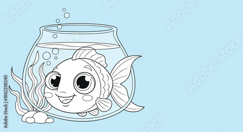 Artistic black and white line art coloring page of a happy fish in a bowl with bubbles and seaweed on a light blue background.