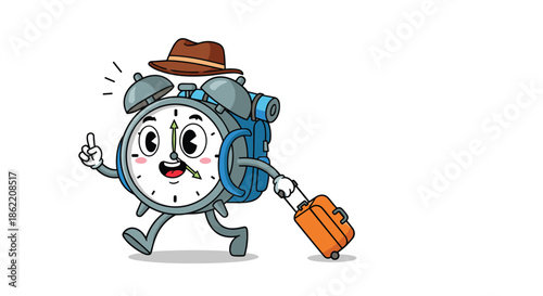 Happy cartoon alarm clock character wearing a hat and carrying a suitcase while walking on a journey or vacation trip.