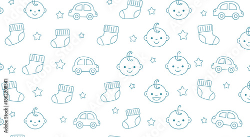 Seamless pattern background featuring cute blue line icons of baby faces, toy cars, stars, and socks on white background.