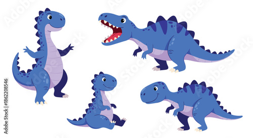 Set of friendly blue dinosaur characters in different poses including standing, sitting, walking, and roaring for kids design.