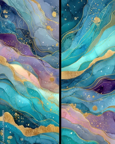 Abstract Fluid Art with Waves in Blue and Gold Tones