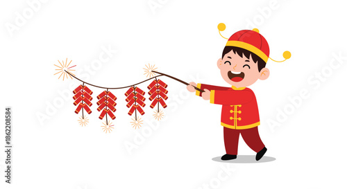 Happy young boy wearing traditional red Chinese outfit lighting a string of firecrackers for Lunar New Year celebration.