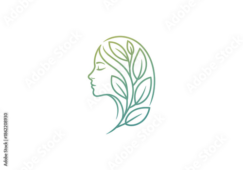 Organic Beauty Line Art Logo with Woman and Leaves PNG, beauty logo, Skincare design Transparent Backgroung