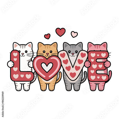 A Valentine-themed illustration design featuring four adorable cartoon cats standing side by side, each cat holding a letter from the word "love." T-shirts, sweatshirts, stickers and valentines.