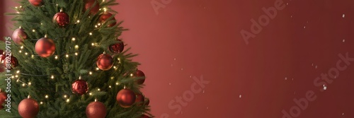 Christmas tree adorned with shimmering red ornaments and twinkling lights stands against backdrop of warm red evokes holiday spirit magic and festive cheer