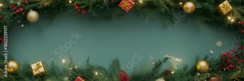 Delightful christmas flat lay adorned with fir tree branches ornaments and gifts creating festive holiday spirit against trendy teal background providing copy space
