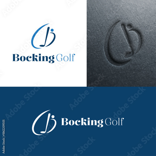Elegant monogram logo for "Bocking Golf" featuring a stylized 'B' and 'G' fluidly integrated with a golf club and ball motif, shown in blue and white variations, including a textured embossed mockup.