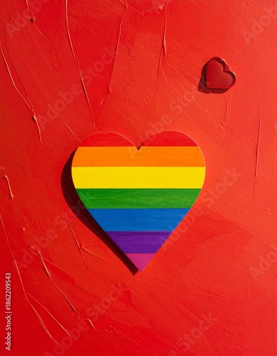 A vertical rainbow heart cutout on a bold red background conveys love, inclusion, and festive Valentine mood, ideal for greeting cards, campaigns, romance themes and celebratory messaging across media