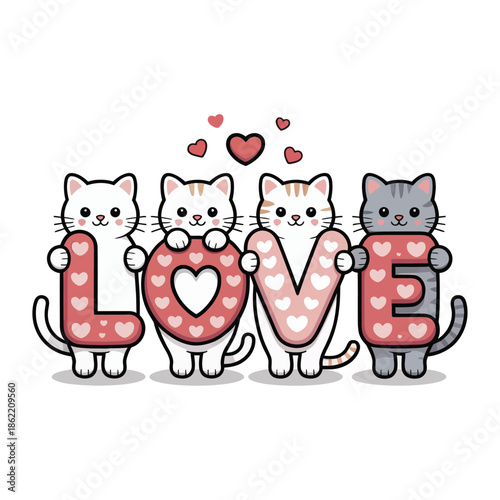 A Valentine-themed illustration design featuring four adorable cartoon cats standing side by side, each cat holding a letter from the word "love." T-shirts, sweatshirts, stickers and valentines.