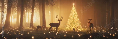 Enchanted forest adorned with glowing christmas tree surrounded by majestic deers amidst ethereal mist casting magical winter wonderland ambiance celebration of nature