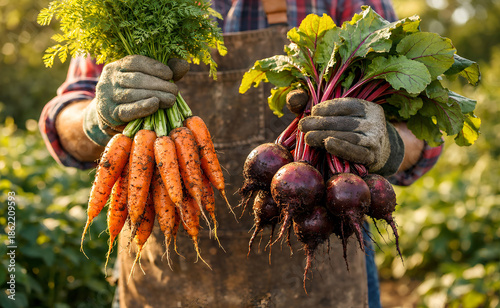 A person displaying a collection of bright carrots and beets, emphasizing the freshness and variety of the vegetables
