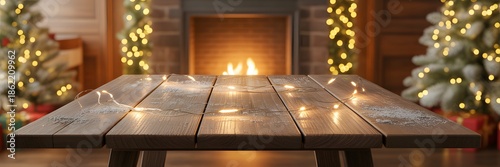Rustic wooden table adorned with soft glowing christmas lights evokes warmth and festive ambiance set against cozy fireplace trees creating serene holiday gathering