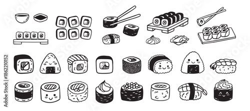 Sushi funny doodle set. Japanese hand drawn Food Sketch Icons. Kawaii drawing