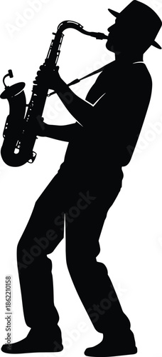 Silhouette of saxophone player performing jazz music illustration of male musician playing instrument live concert vector art