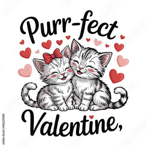 A Valentine-themed illustration design featuring two adorable fluffy cartoon kittens cuddling together, smiling gently with closed eyes. T-shirts, sweatshirts and valentines. “Purr-fect” “Valentine”