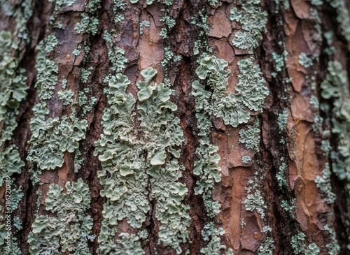 Close-up of Tree Bark with Lichen Growth.