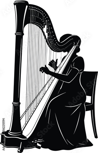 Elegant harpist playing classical harp silhouette illustration of female musician performing live music concert art vector design