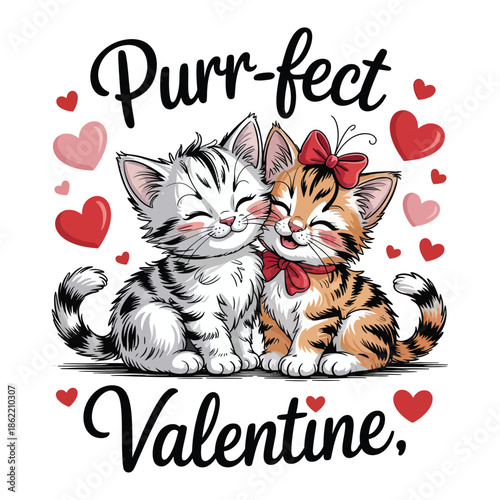 A Valentine-themed illustration design featuring two adorable fluffy cartoon kittens cuddling together, smiling gently with closed eyes. T-shirts, sweatshirts and valentines. “Purr-fect” “Valentine”