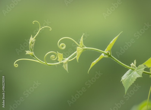Close-up of a vine with tendrils and leaves.