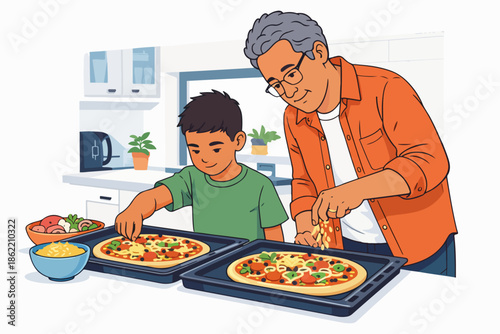 Little cook learning to make pizza by going into the kitchen with his father at home.