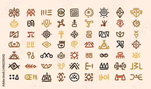 African tribal symbols Abstract geometric shapes doodle decoration set. Ethnic boho elements collection. Colorful mayan hand drawn design. 