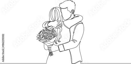 Minimalist line art illustration of loving couple hugging with flower bouquet, romantic affection moment, elegant continuous outline vector design