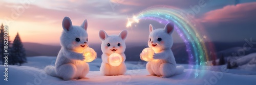 Whimsical christmas scene featuring three adorable bunnies holding glowing orbs in snowy winter landscape christmas magic and cute animal companions bring holiday joy