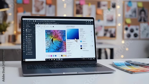 Modern laptop computer on a white desk with workspace setup showcasing digital design software and creative workflow for online business and remote work