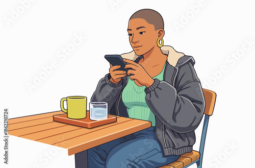 Focused employee spending time by dealing with their phone in a modern cafe.