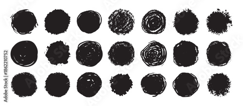 Round grunge scratch and textured ink brush strokes set. isolated vector black Collection. Dirty expressive hand drawn inky stains and blobs
