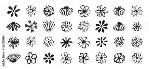 Flowers grunge brush doodle blossom icons set. Flowers Scribble ink hand drawn brush. Chamomile flowers markers crayons icons 