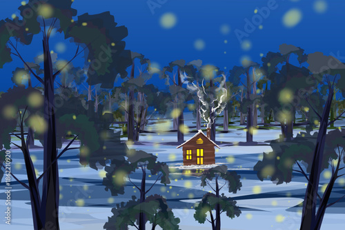 view of a house in a snowy forest in winter