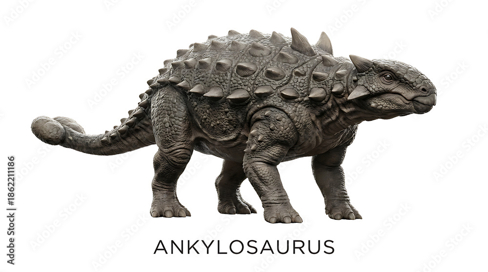 Fototapeta premium Ankylosaurus dinosaur with armored body and club tail, walking on a white background.