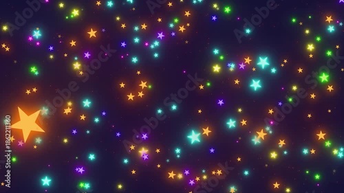 Animated flying colorful neon stars. Tunnel flight through rainbow stars. Abstract background. Cartoon cosmos star field. Seamless loop.