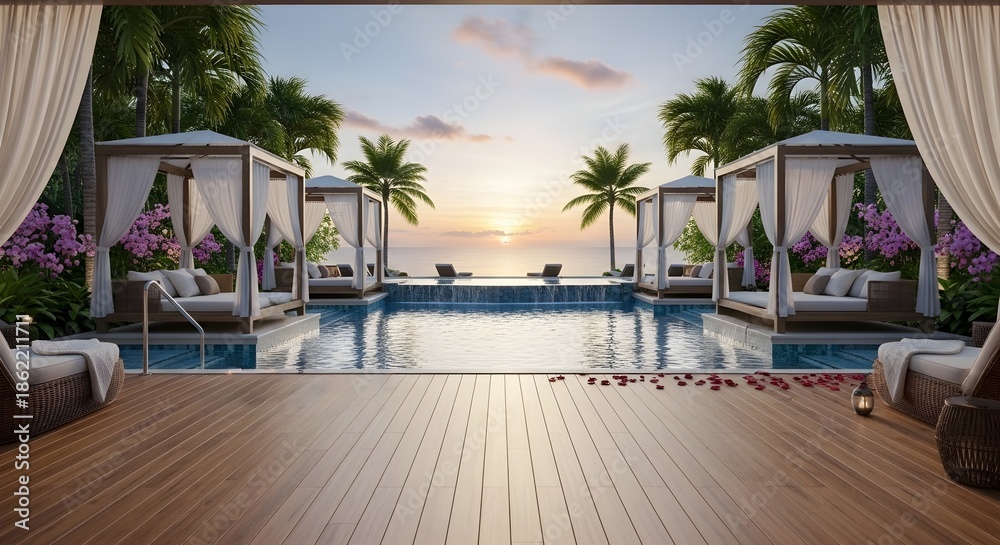 Fototapeta premium Luxury Resort Infinity Pool Deck with Cabanas and Ocean Sunset View