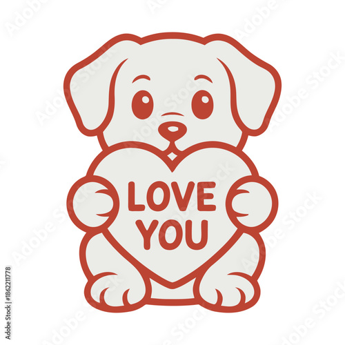 A minimalist Valentine-themed illustration design with a cute cartoon puppy sitting and holding a heart-shaped sign that says "I love you" for t-shirts, stickers, greeting cards and valentines.